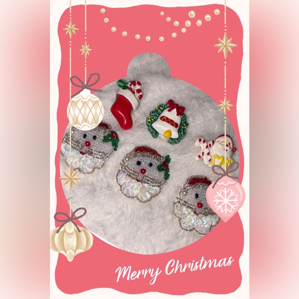 Vintage Christmas Button Covers Set of 6 Santa Beaded Sequin Kitsch